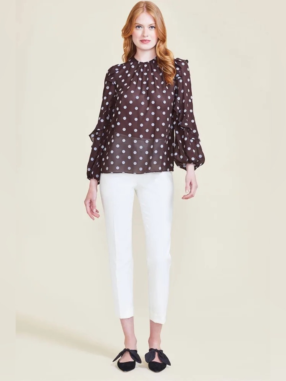 Pearl by Lela Rose Chestnut Brown Polka Dot Ruffle Blouse